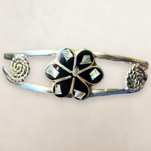 Vintage Alpaca Mexico Silver and Abalone Mother of Pearl Flower Cuff Bracelet
